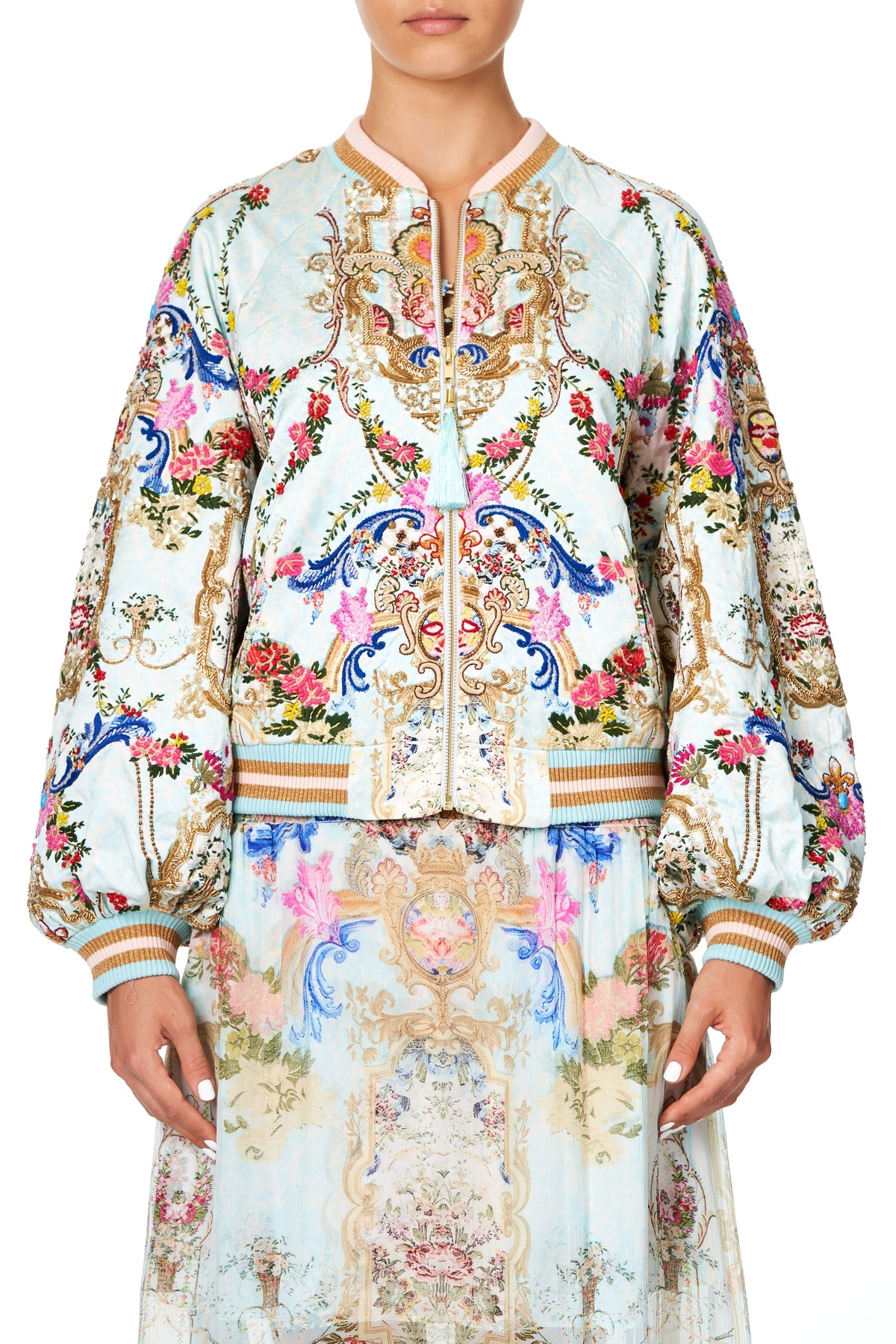 EMBELLISHED BLOUSON SLEEVE BOMBER VERSAILLES SKY