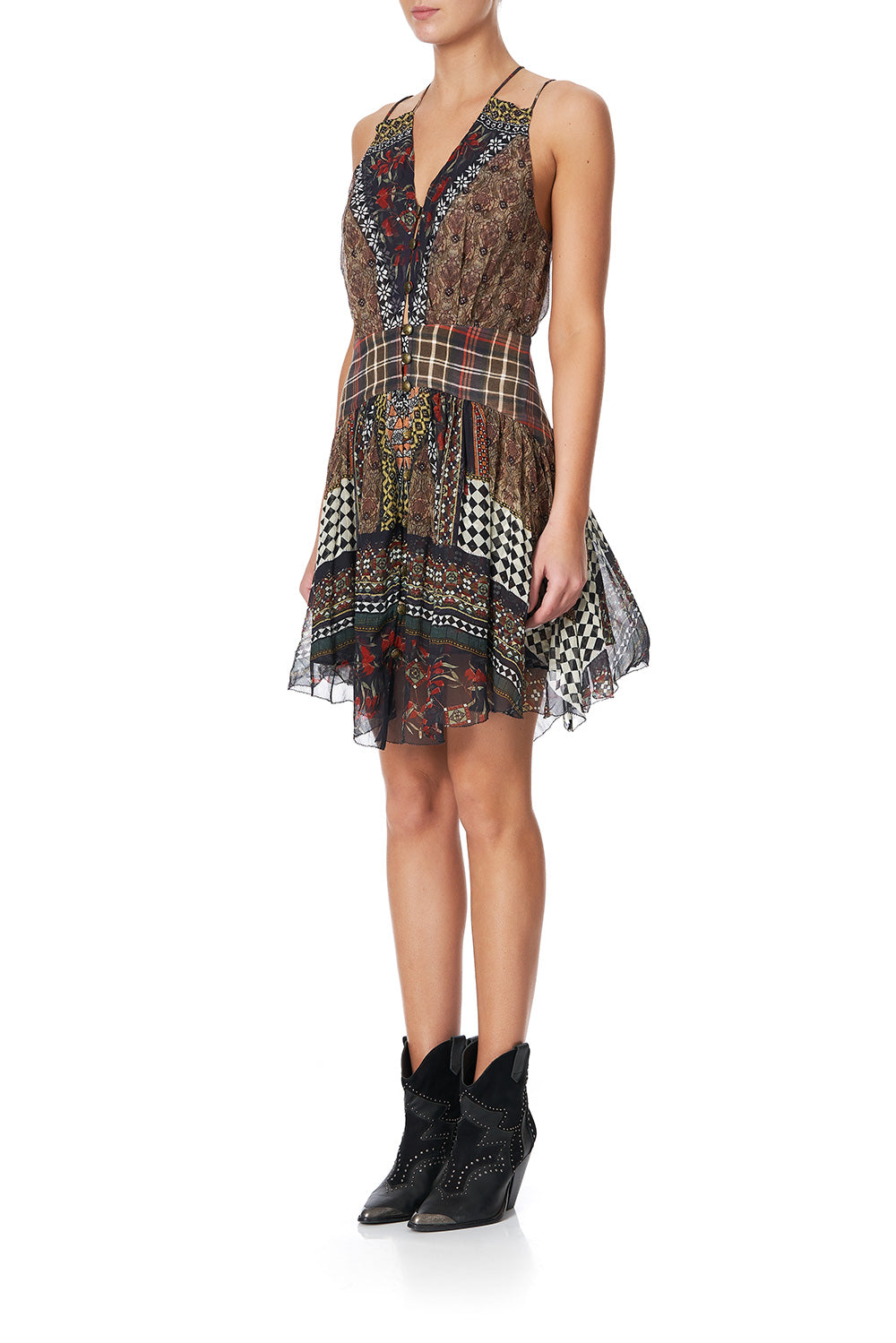 SHORT DRESS WITH SHAPED WAISTBAND PAVED IN PAISLEY