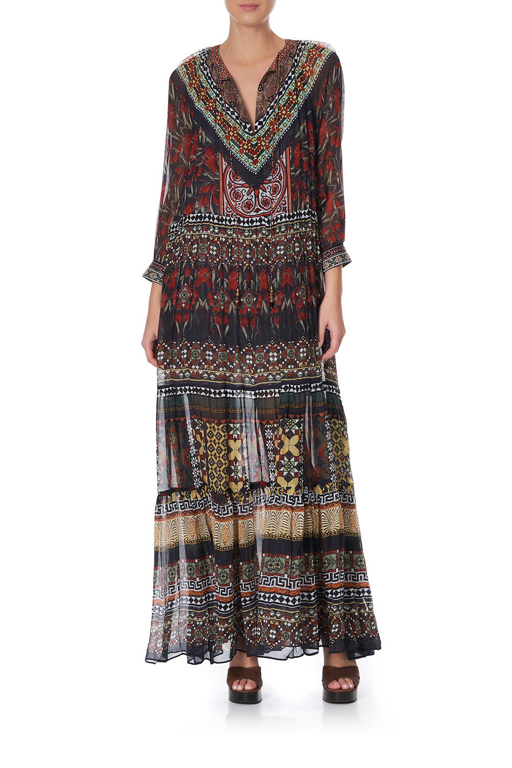 LONG GATHERED PANEL DRESS PAVED IN PAISLEY