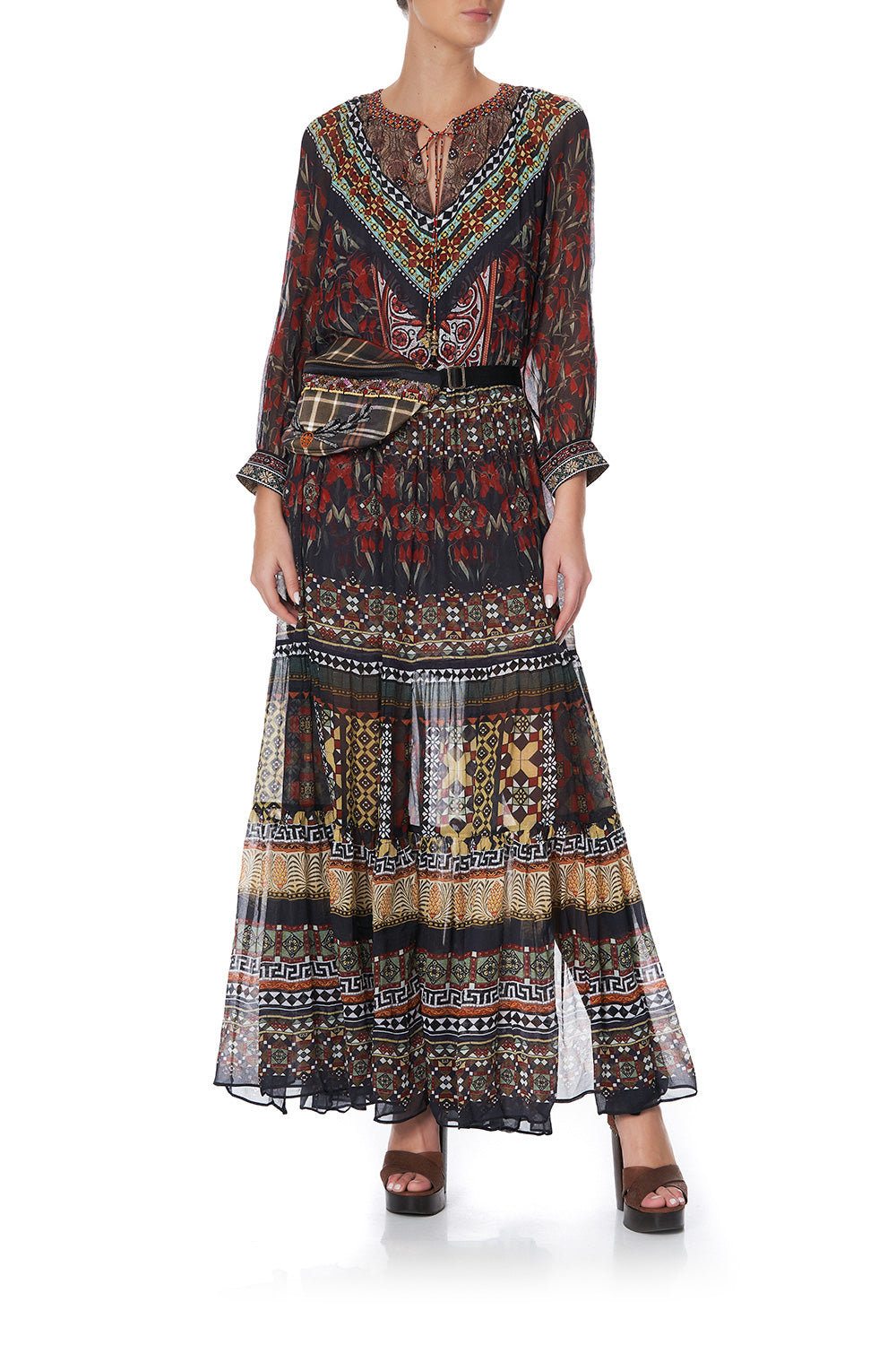 LONG GATHERED PANEL DRESS PAVED IN PAISLEY