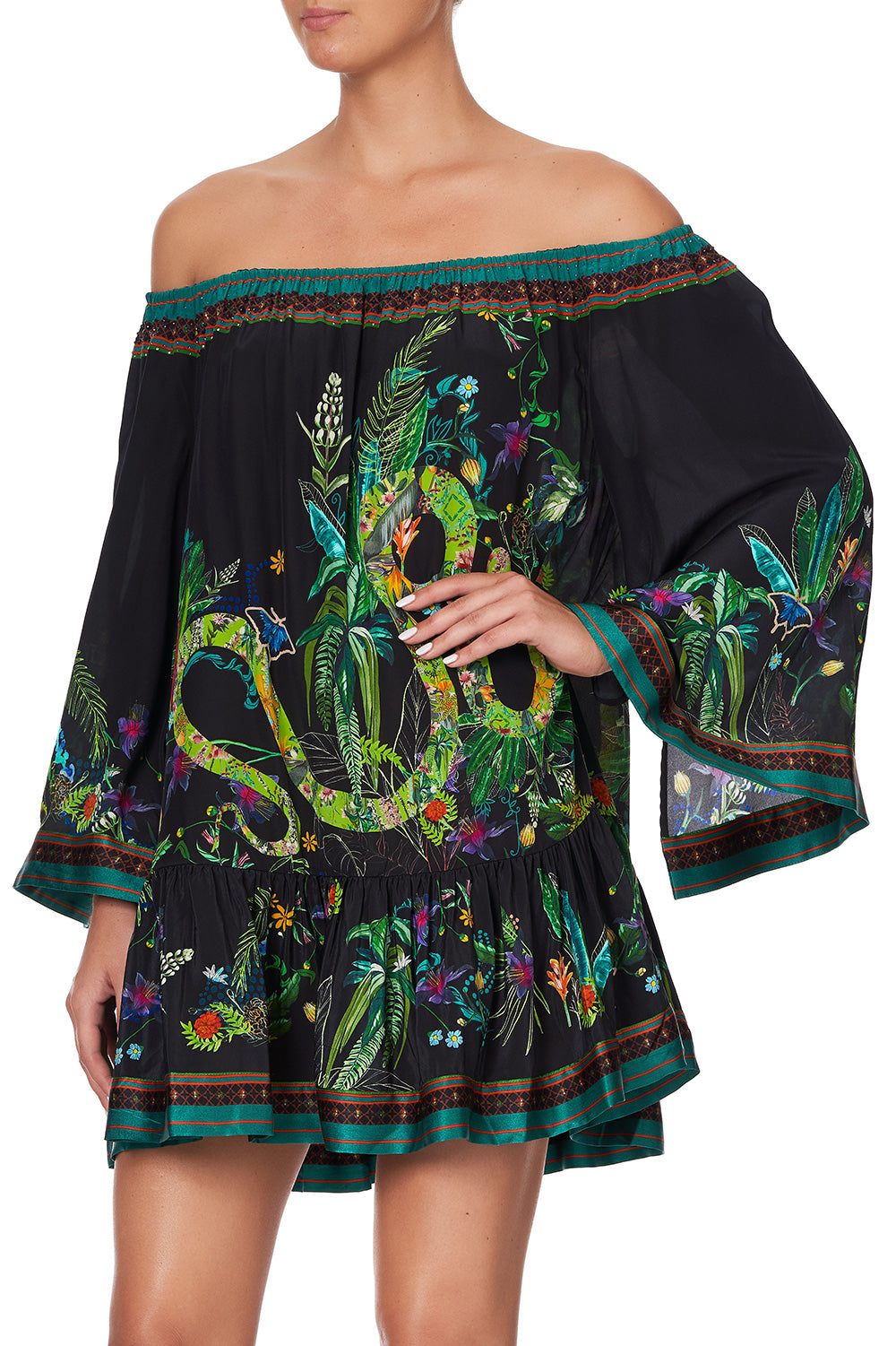 OFF SHOULDER FRILL HEM DRESS RIVER CRUISE