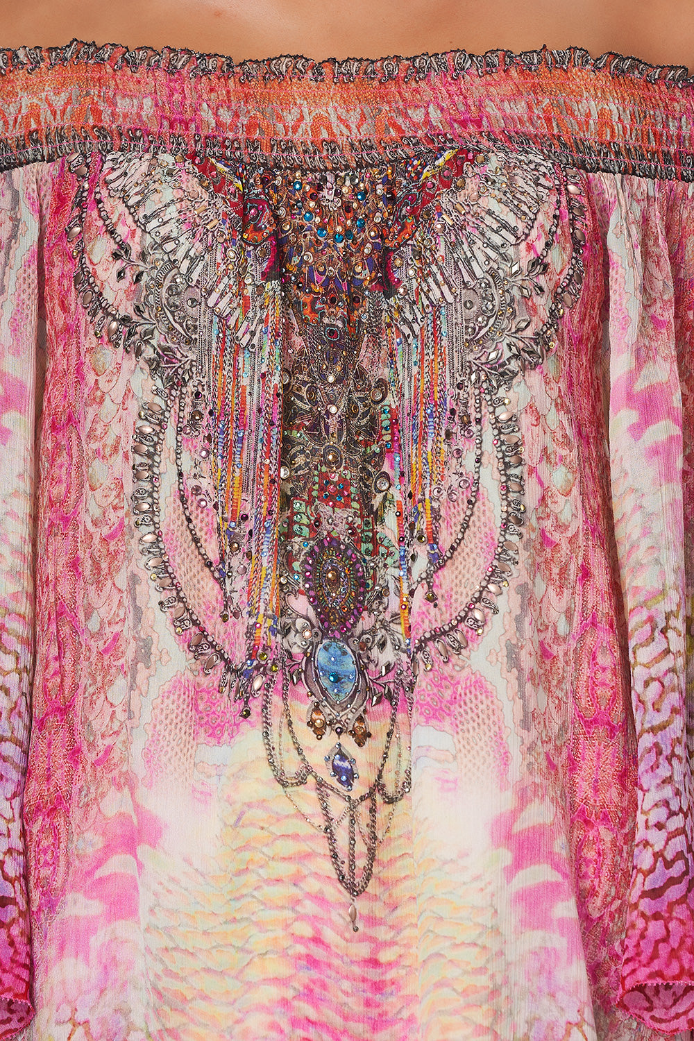 OFF SHOULDER SHIRRED BLOUSE SERPENTINE DREAMS