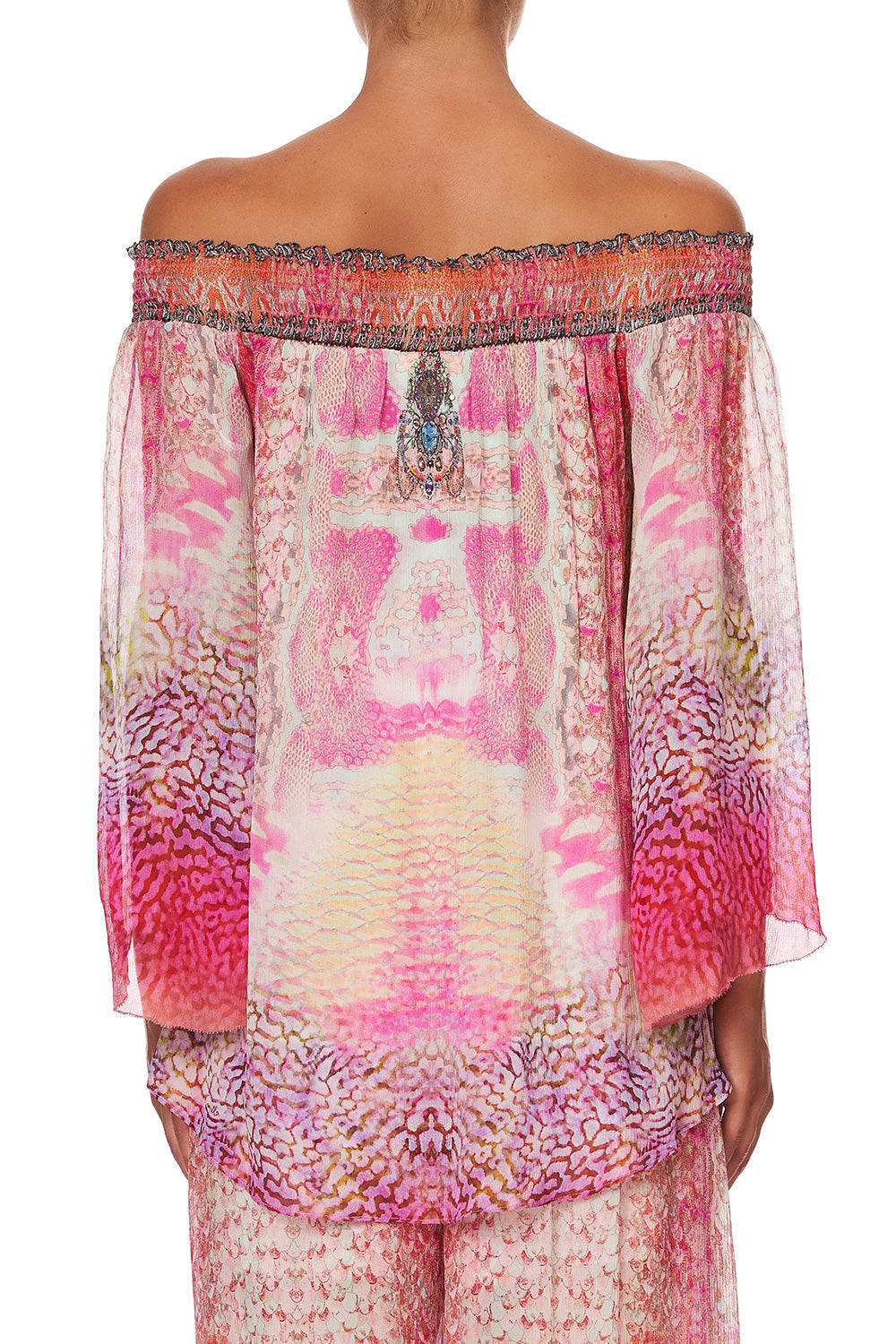 OFF SHOULDER SHIRRED BLOUSE SERPENTINE DREAMS