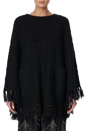ROUND NECK PONCHO WITH POCKETS SOLID BLACK