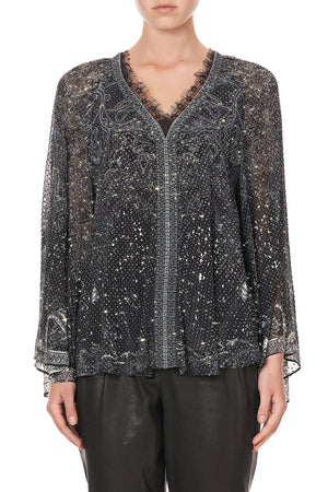 V NECK BLOUSE WITH NECKBAND MIDNIGHT PEARL