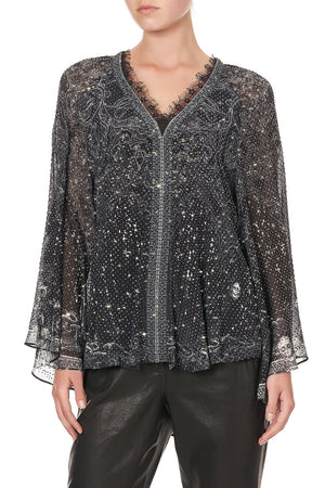 V NECK BLOUSE WITH NECKBAND MIDNIGHT PEARL