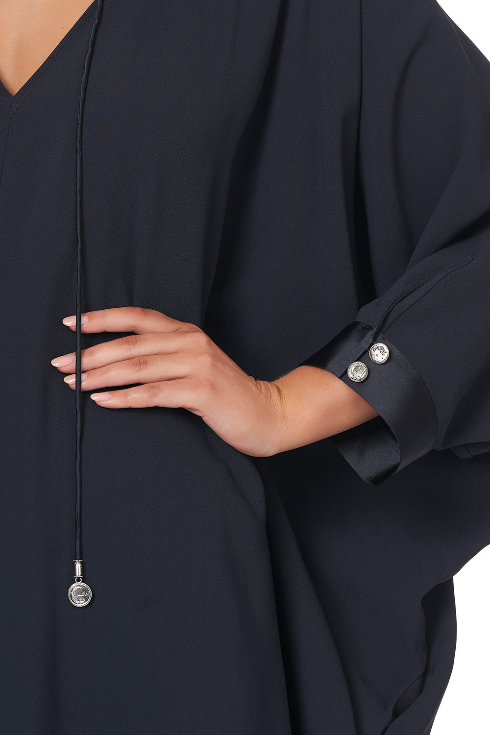 V-NECK DRESS WITH DRAPED BACK SOLID NAVY